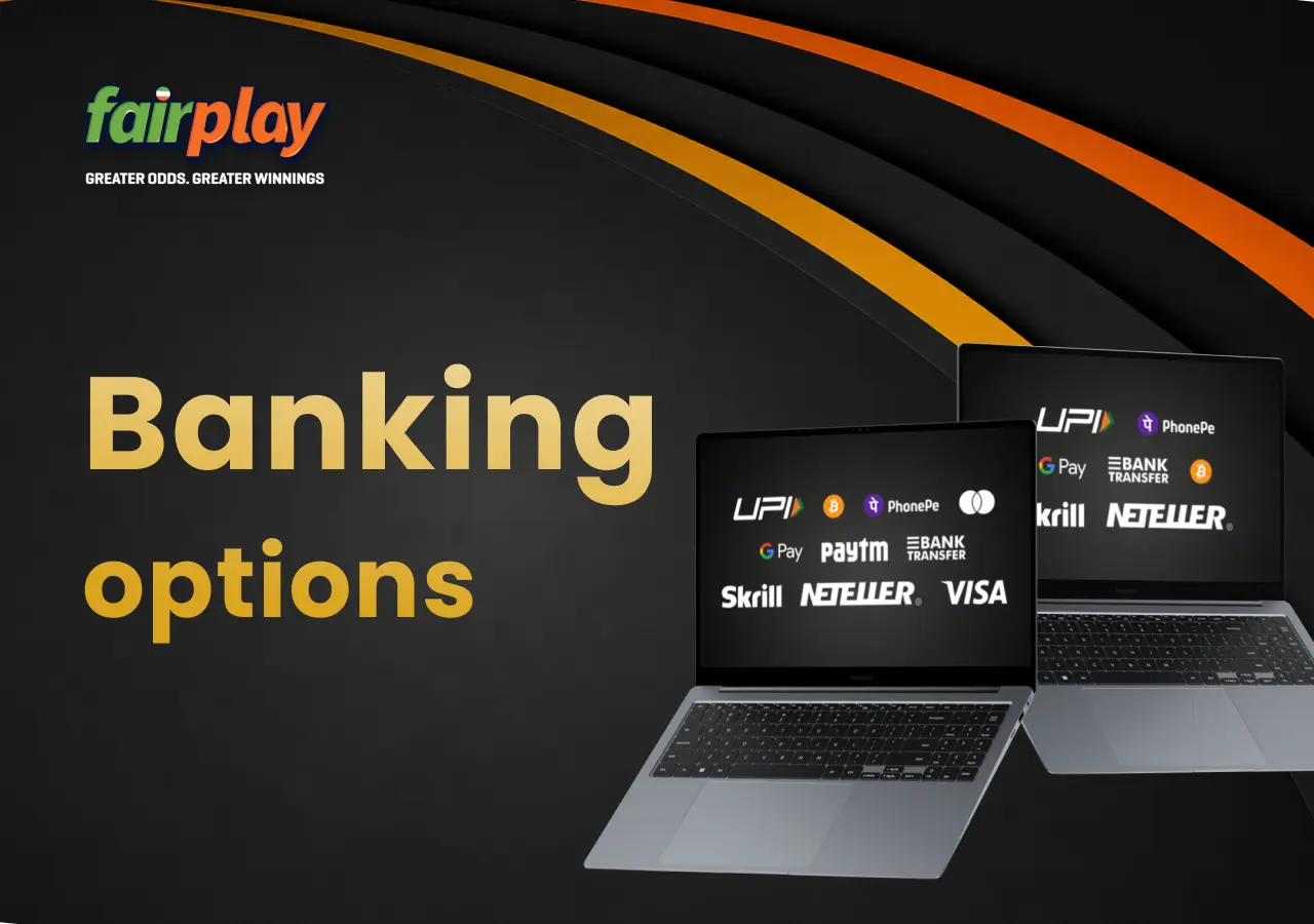 Laptop showing available payment methods for deposits and withdrawals in Fairplay India.